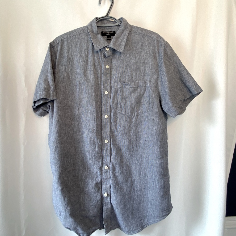 Banana Republic Mens Blue Short Sleeve Button Up Shirt Large Cotton Linen Blend